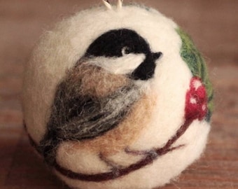 Felted Chickadee and Holly Ornament, Chickadee holly branch Christmas decor - Made to Order