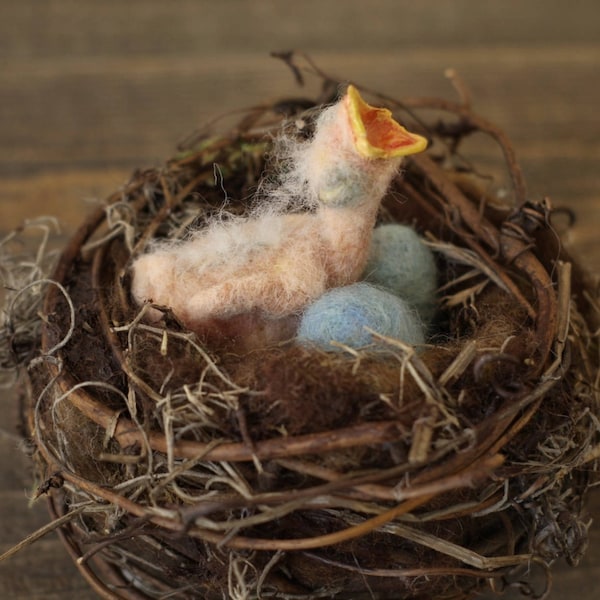 Needle Felted Robin chick with Nest - Made to Order