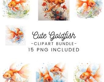15 watercolour Goldfish, watercolour Clipart Bundle, PNG, Cute Goldfish, High quailty Images, Instant Digital Download, Commercial Use.