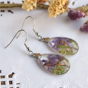 purple flower earrings resin crystal jewelry Terrarium, thank you gift for women drop earrings best friend jewelry nature lover gift sister