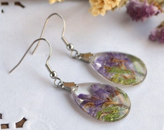 purple flower earrings resin crystal jewelry Terrarium, thank you gift for women drop earrings best friend jewelry nature lover gift sister