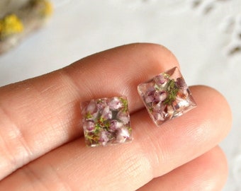 heather flower stud resin earrings square post Terrarium jewelry, tiny stud earrings botanic gift for women Gift ideas, green pink jewelry