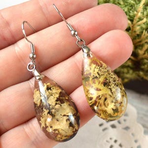 forest lichen earrings Celtic jewelry botanical gift for her, natural moss jewelry resin drop earrings, real lichen woodland gift Halloween
