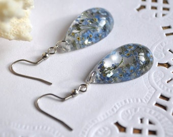 No me olvides pendientes Joyería de plantas de resina Pendientes de cristal flor seca, pendientes de boda azules regalo de damas de honor para ella, regalo botánico mamá