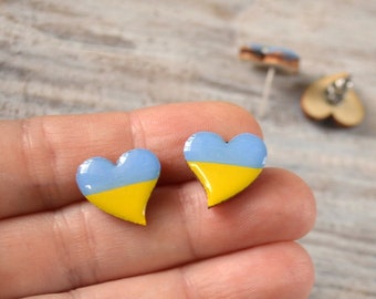 blue yellow heart stud earrings wooden, Ukrainian flag jewelry stand with Ukraine earrings Support Ukraine Gift, hand painted post earrings