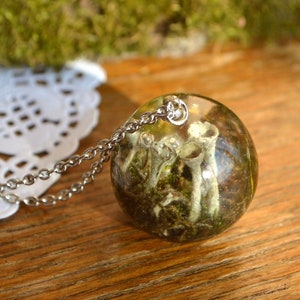 real lichen jewelry mushroom pendant Crystal necklace Moss resin necklace bridesmaid gift mom Terrarium necklace woodland jewelry Sphere 2.5