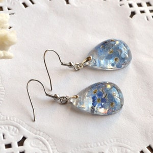 forget me not earrings Resin jewelry blue flower, plant epoxy crystal bridesmaids gift ideas sister mom gift for her, mothers gift for women