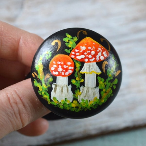 fly agaric hair tie Amanita muscaria Mushroom jewelry hand painted wooden folk art gift for women, Nature gift her forest woodland gift idea