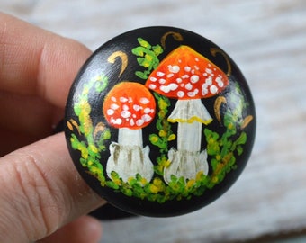 fly agaric hair tie Amanita muscaria Mushroom jewelry hand painted wooden folk art gift for women, Nature gift her forest woodland gift idea