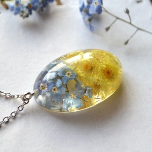 Ukrainian pendant necklace blue yellow flag Stand with Ukraine support Terrarium Necklace woodland jewelry pressed flower forget-me-not gift