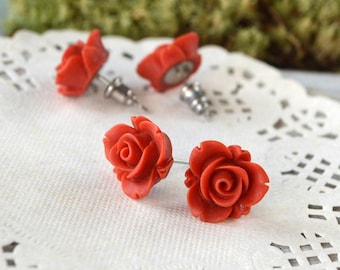 red rose earrings studs mat jewelry minimalist gift for her, cute tiny flower earrings for women or girl, scarlet red floral jewelry little