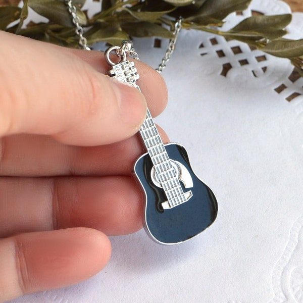 Music gift Guitar pendant black white red necklace pendant Unique Original teacher appreciation gift for singer, men Gift for music lover