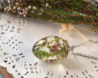 resin egg pendant necklace with real heather flower, clear crystal jewelry botanical pressed flowers necklace Easter gift mom, floral gift