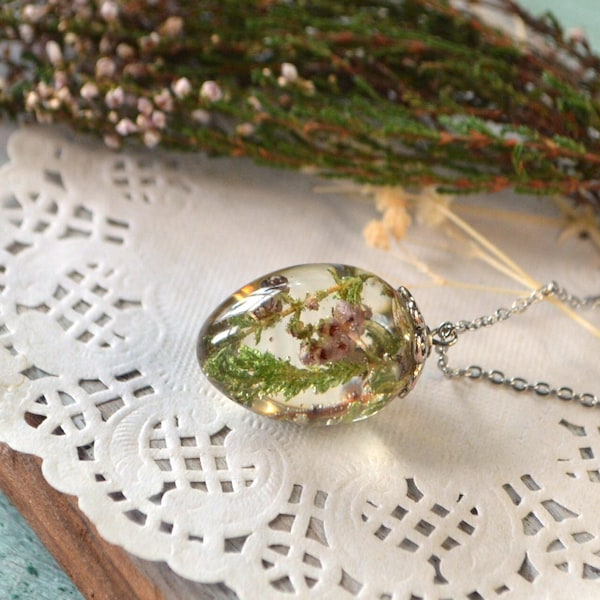 resin egg pendant necklace with real heather flower, clear crystal jewelry botanical pressed flowers necklace Easter gift mom, floral gift