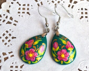 Pink flower earrings Green jewelry Ukrainian gift for women Wedding gift Bridal jewelry Teardrop Earrings for her, Boho & hippie earrings