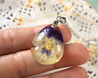 real viola pendant necklace botanical pressed flower jewelry resin, Boho cottagecore gift for women floral pendant Nature lover gift for her