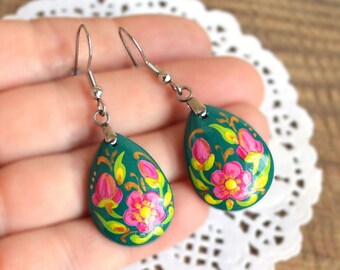 Pink flower Earrings green Teardrop boho jewelry painted Ukrainian gift for women Wedding gift for her Bridal gift for teens Birthday Gifts