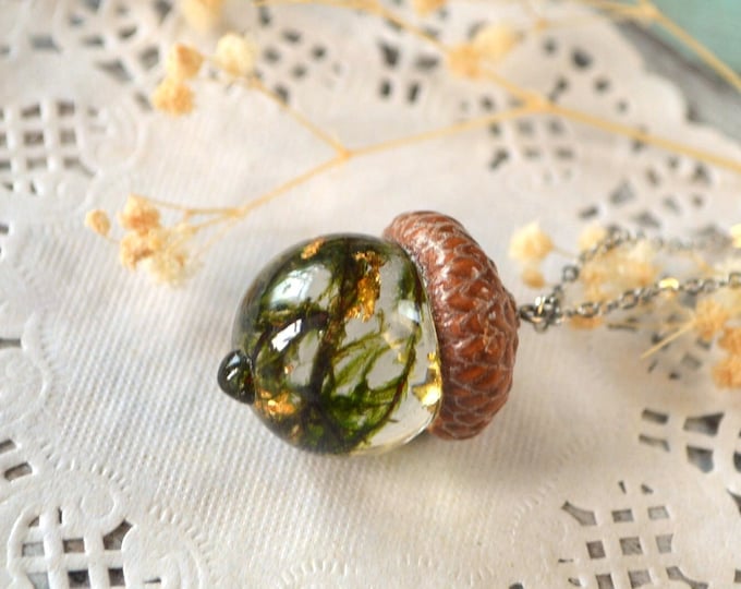 resin acorn pendant necklace forest moss jewelry womens gift idea, Nature lover gift her, woodland jewelry Terrarium cottagecore gift Girl