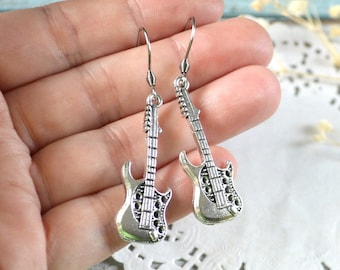 silver Guitars earrings music jewelry birthday gift for music lover, gift for her music earrings gift for musician, cute gift for girlfriend