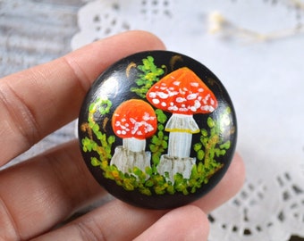 Amanita muscaria brooch hand painted wood folk art Mushroom fly agaric pin, forest handmade jewelry gnomes and fairies wiccan gift for girl