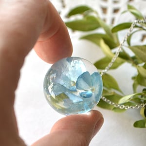 Blue Hydrangea in resin necklace pendant, something blue gift Wedding floral sphere, real pressed flower necklace globe Ball Garden gift mom