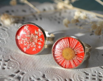 pressed flower rings red resin floral jewelry womens gift idea, boho Adjustable ring for girl gift sister, nature lover Gifts for Girlfriend