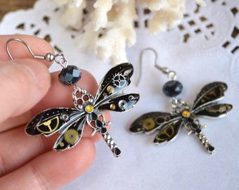 steampunk earrings Dragonflies jewelry gift for girlfriend, Wanderlust jewelry boho earrings birthday gift for her, Nature jewelry animal