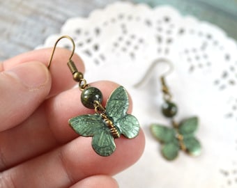 Green butterfly Earrings fall metal hand painted fairy jewelry Nature, green jasper gemstone beads earrings woodland Animal gift for women