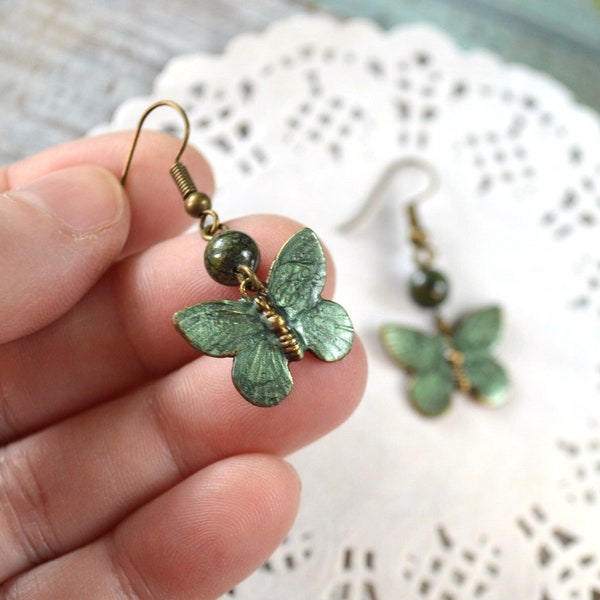 Green butterfly Earrings fall metal hand painted fairy jewelry Nature, green jasper gemstone beads earrings woodland Animal gift for women