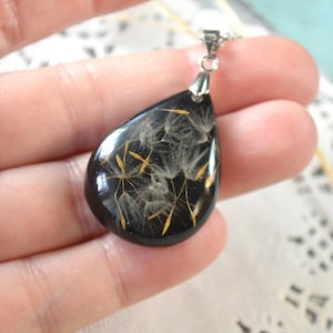 Dandelion seeds Necklace wish, black drop fairy woodland jewelry daughter Mother's Day gift mom, Girl friendship pendant bridesmaid gift her