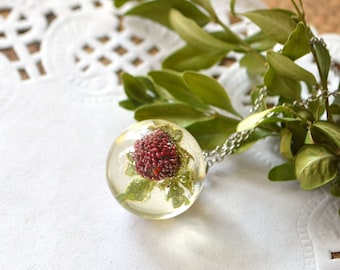 strawberry pendant necklace resin transparent sphere pressed flowers gift for her, terrarium plant jewelry red wild berry gift for daughter