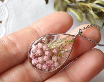 Pink Rice Flower terrarium pendant necklace resin, Pink ozothamnus woodland gift women birthday gift for her jewelry nature lover botanical