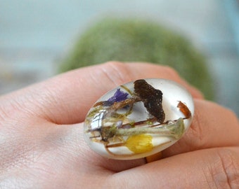 fabulous forest ring resin fairy jewelry Mushroom moss and pressed flower gift for women birthday gift for her, statement nature lover gift