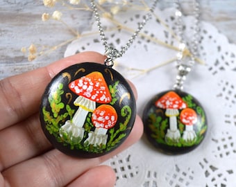 Amanita Mushroom Pendant necklace fly agaric handpainted forest jewelry woodland, kawaii garden jewelry boho gift for womens, her gift girl