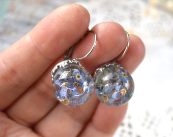 blue forget me not earrings resin pressed flowers jewelry nature lover gift for her, balls earrings dry flowers gift for women birthday gift