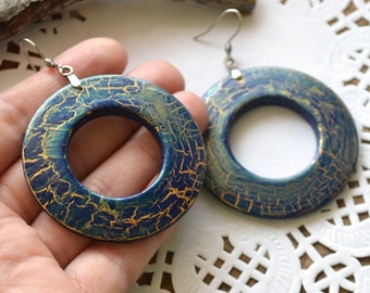 Navy blue hoop earrings Goth jewelry wood, witch halloween Jewellery her, Large Circle dark blue earrings Rustic statement earring Whimsical