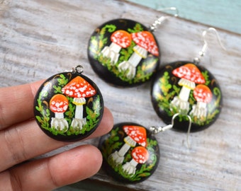 Amanita muscaria Mushroom Earrings round wooden jewelry hand painted, woodland forest earring her gift for nature lovers wiccan jewelry boho