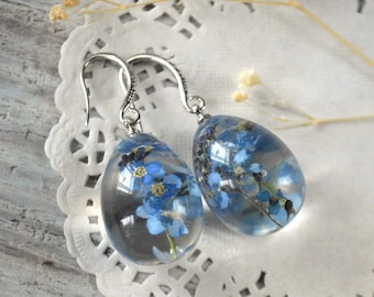 forget me not earrings resin eggs blue pressed flowers jewelry nature lover gift for her, Easter earrings womens gift for girl, Mother's Day