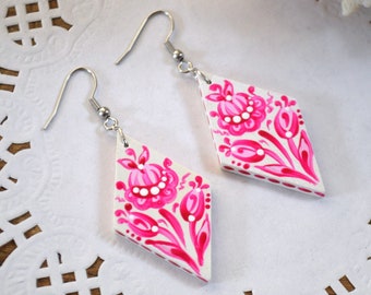 pink jewelry hand painted earrings Niece gift from aunt Gift for women birthday gift Bridal jewelry White fuchsia earrings boho wedding gift