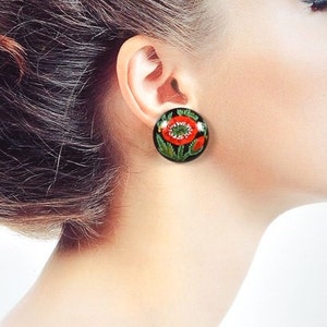 Red poppy wooden studs painting earrings post Red and black folk art Wooden jewelry floral, Valentines gifts for her, womens Gift ideas Boho image 2