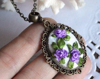 tape embroidery necklace, embroidery jewelry purple pendant necklace boho bridesmaids gift for her, embroidery floral jewelry purple flower