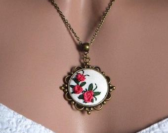 embroidered pendant Necklace tape embroidery jewelry women, Romantic red pink rose flower nature jewelry mom floral bridesmaids gift for her