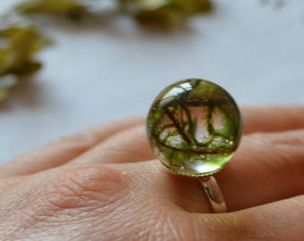 green woodland ring resin, sister gift for friend, terrarium ring natural jewelry real moss forest green ring, nature woodland jewelry women