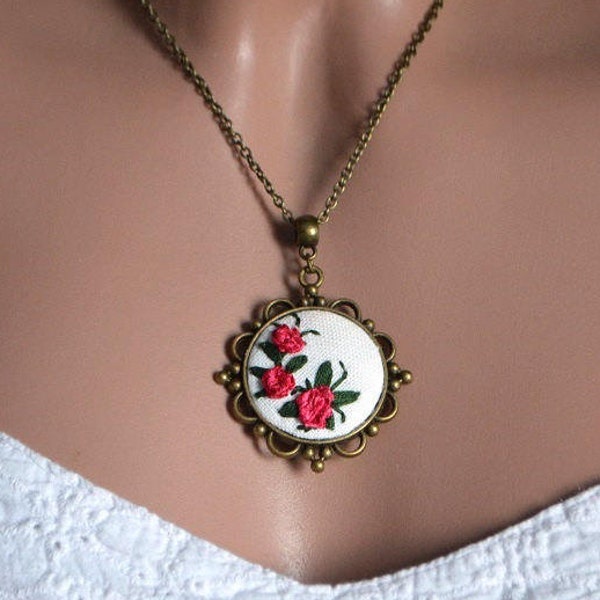 embroidered pendant Necklace tape embroidery jewelry women, Romantic red pink rose flower nature jewelry mom floral bridesmaids gift for her