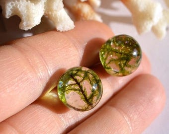 green moss stud earrings resin terrarium jewelry, bridesmaids gift for her boho earrings green beads earrings stud balls, birthday gift mom