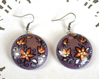 Purple Earrings lilac Drop Dangling Earrings Folk Art Jewelry handmade wood ethnic jewelry womens gift, Boho earrings hand painted flower