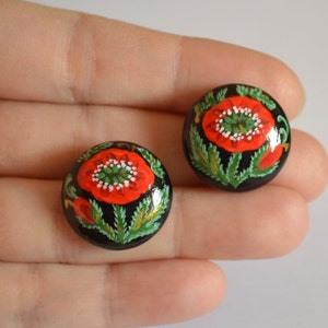 Red poppy wooden studs painting earrings post Red and black folk art Wooden jewelry floral, Valentines gifts for her, womens Gift ideas Boho image 1