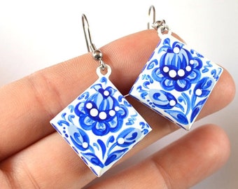 White Blue earrings geometric jewelry wedding blue gift womens gifts idea for girls, wooden jewelry hand painted bridal gift eco friendly