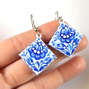 White Blue earrings geometric jewelry wedding blue gift womens gifts idea for girls, wooden jewelry hand painted bridal gift eco friendly