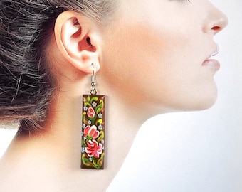 handmade earrings womens gift for her, Long earrings brown painted floral boho wood jewelry ethnic eco earrings folk art mom gifts for women